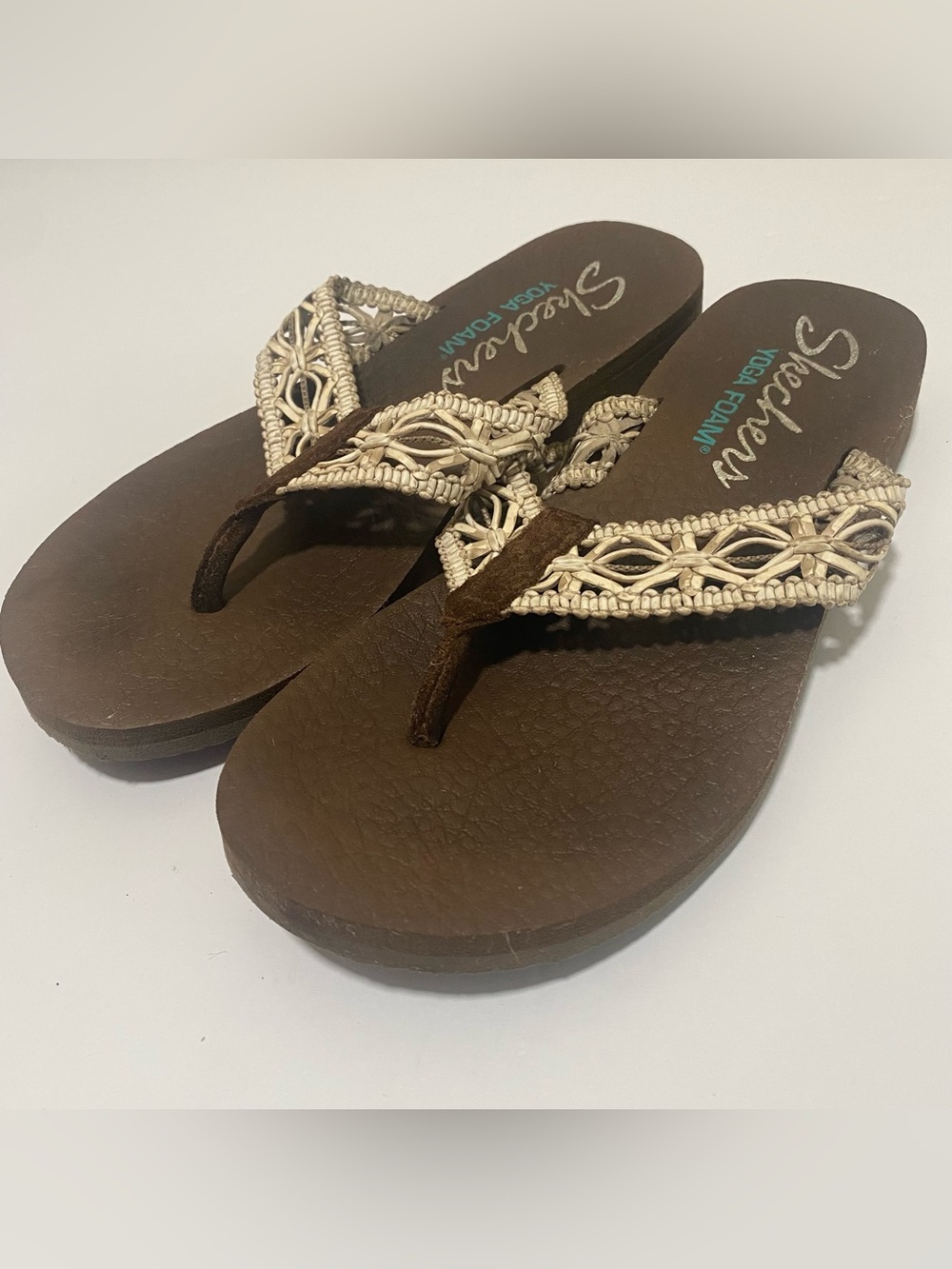 Skechers Brown Footbed Sandals with Cream Braided Straps